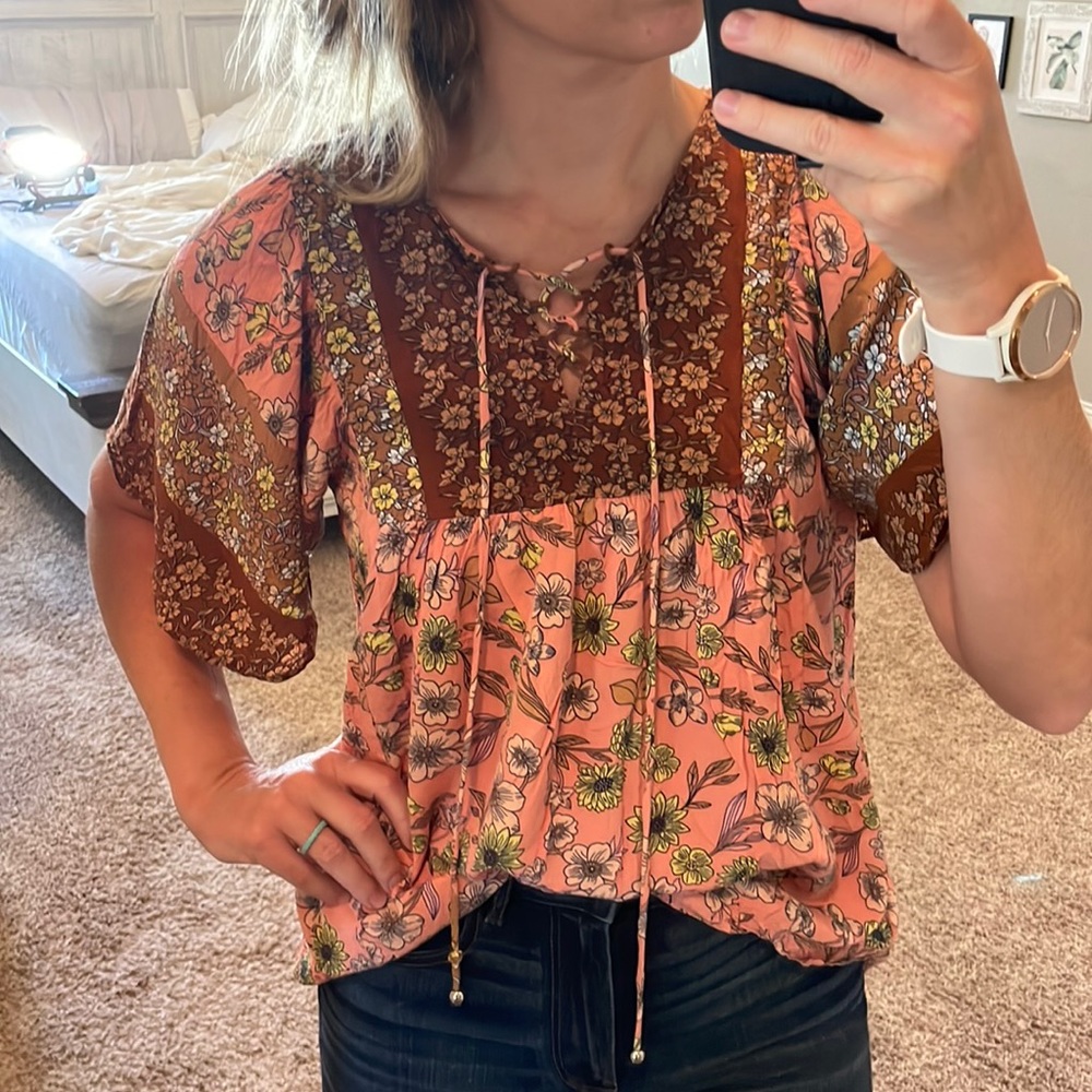 Boho Floral Lace-Up Peasant Top - Pink/Brown